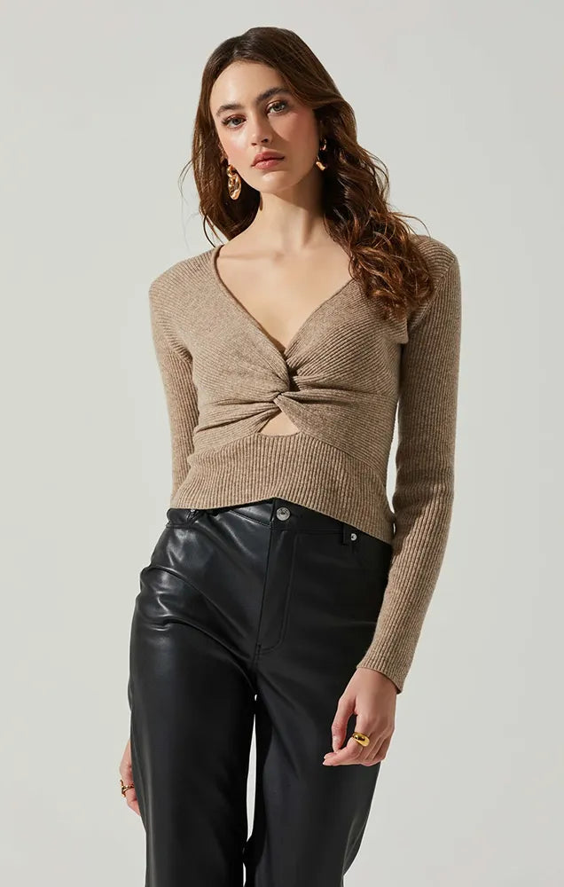 RYLEE TWIST FRONT CUTOUT SWEATER IN TAUPE