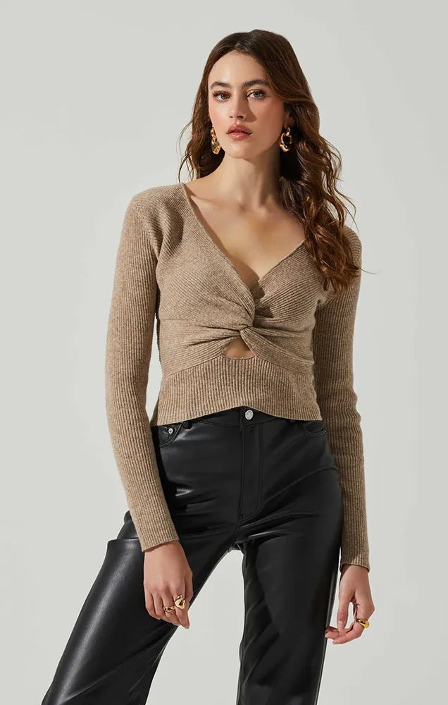 RYLEE TWIST FRONT CUTOUT SWEATER IN TAUPE
