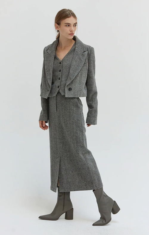 CRESCENT BLAIRE BRUSHED HERRINGBONE CROPPED BLAZER