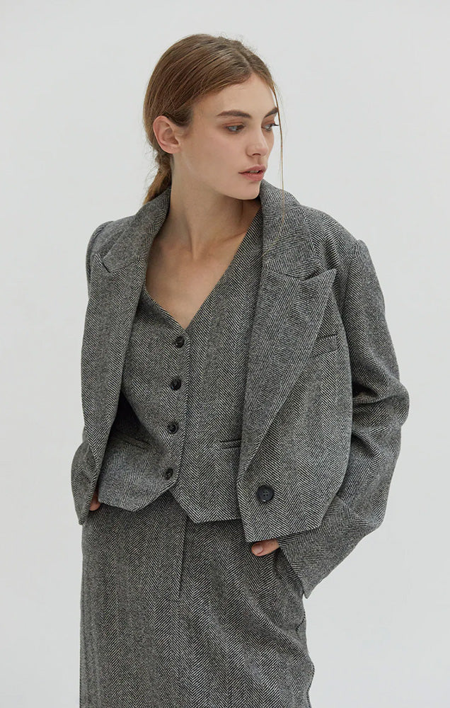 BLAIRE BRUSHED HERRINGBONE CROPPED BLAZER