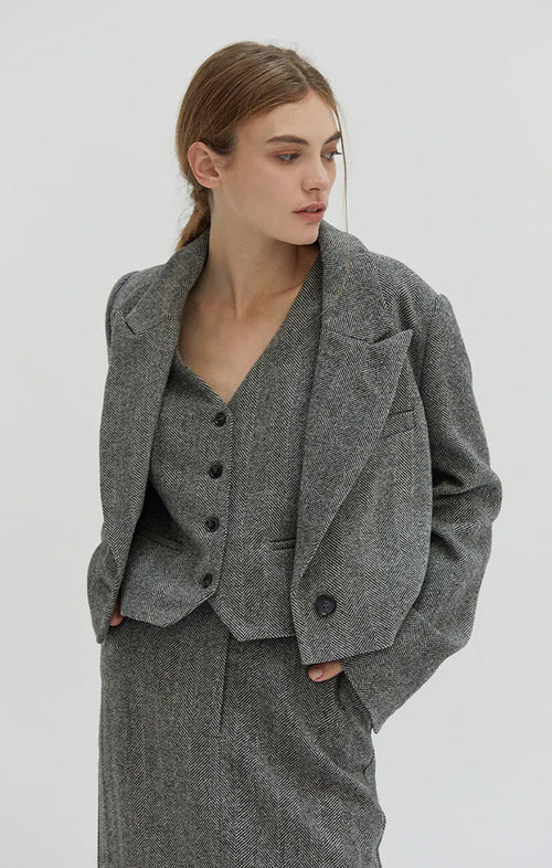 CRESCENT BLAIRE BRUSHED HERRINGBONE CROPPED BLAZER