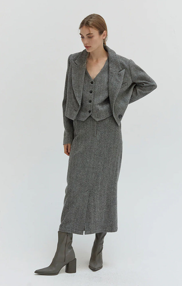 BLAIRE BRUSHED HERRINGBONE CROPPED BLAZER