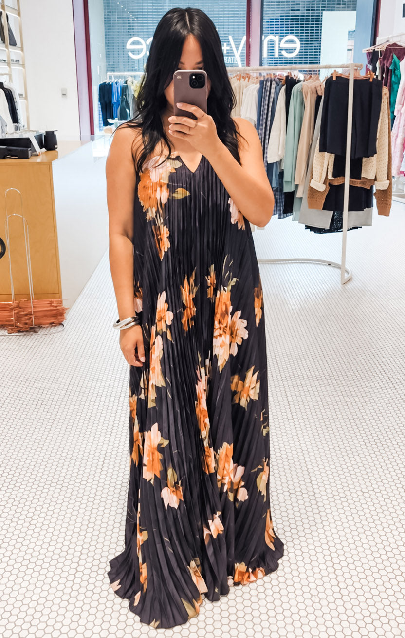Strapless Pleated Maxi Column Dress