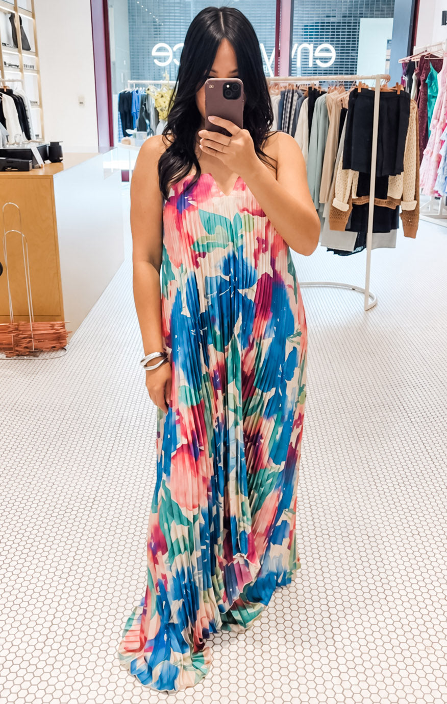Strapless Pleated Maxi Column Dress