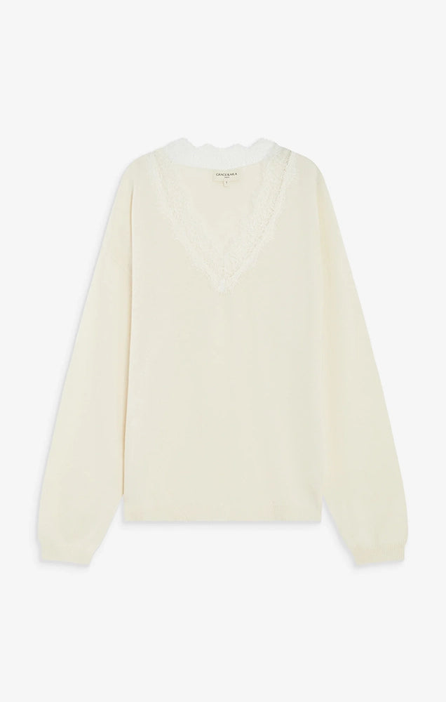 Augustin Knit Sweater with Lace V-Neck