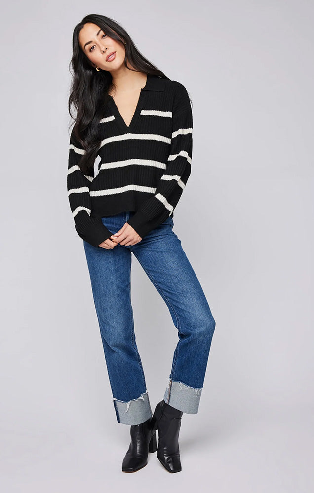 BECKETT V-NECK SWEATER IN BLACK STRIPE