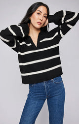 BECKETT V-NECK SWEATER IN BLACK STRIPE