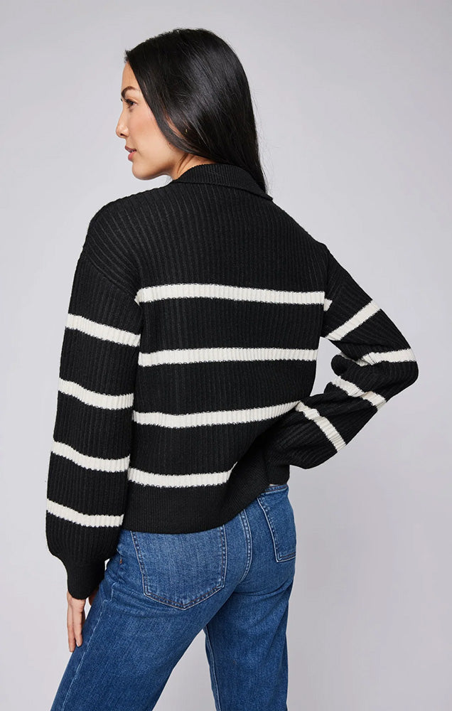 BECKETT V-NECK SWEATER IN BLACK STRIPE