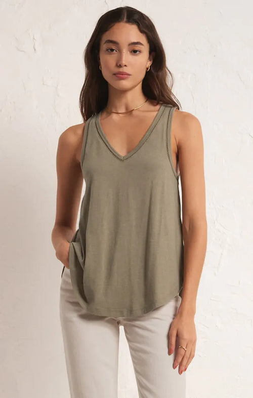 Z SUPPLY VAGABOND LACE TRIM TANK IN WILLOW