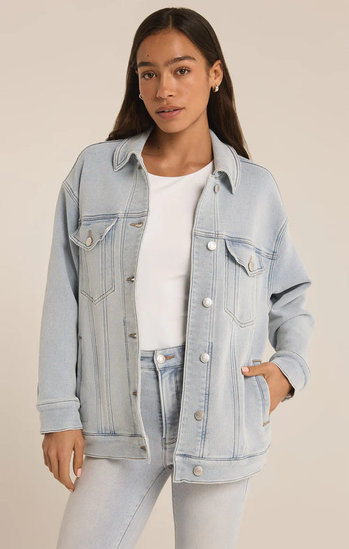 Z SUPPLY MILES PERFECT KNIT DENIM JACKET IN SUN BLEACHED INDIGO