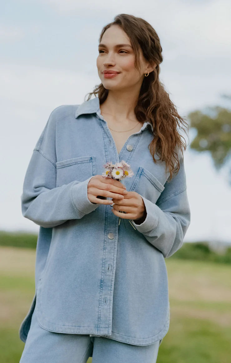 ALL DAY KNIT DENIM JACKET IN OCEAN AIR INDIGO