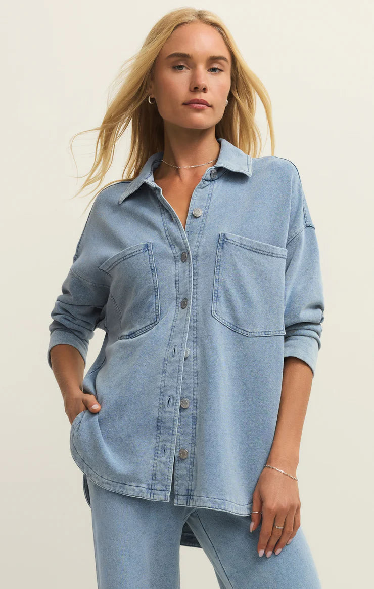 ALL DAY KNIT DENIM JACKET IN OCEAN AIR INDIGO