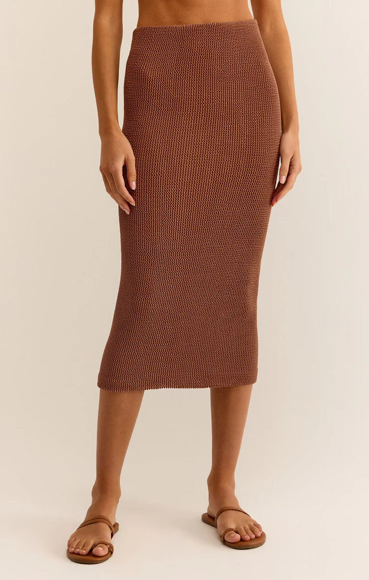 AVEEN CRINKLE STRETCH KNIT MIDI SKIRT IN BRONZER