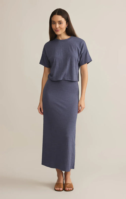 Z SUPPLY DELAVINE TEXTURED MIDI SKIRT IN WORN BLUE