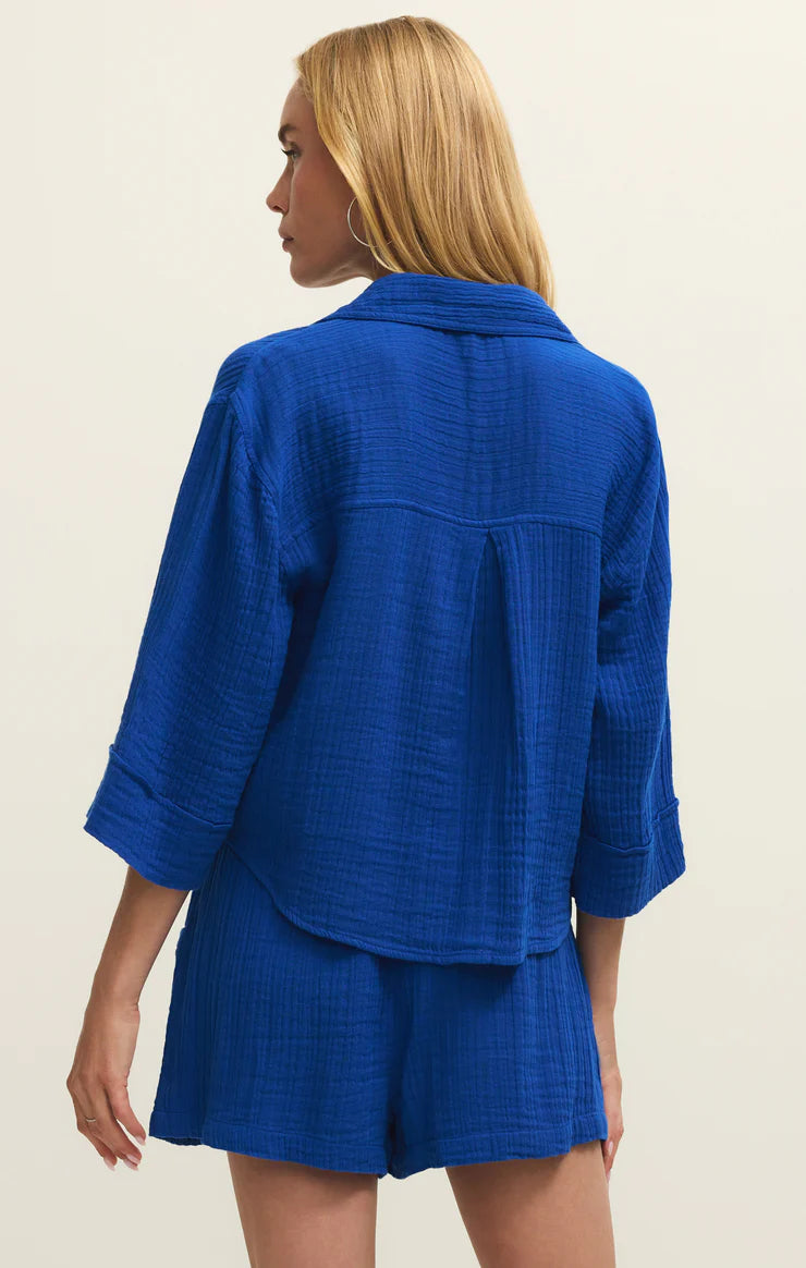 HELENA AIRY GAUZE BUTTON UP IN NAUTICAL COBALT BLUE