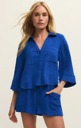 HELENA AIRY GAUZE BUTTON UP IN NAUTICAL COBALT BLUE