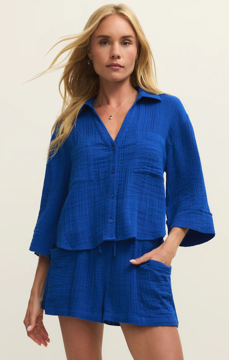 HELENA AIRY GAUZE BUTTON UP IN NAUTICAL COBALT BLUE