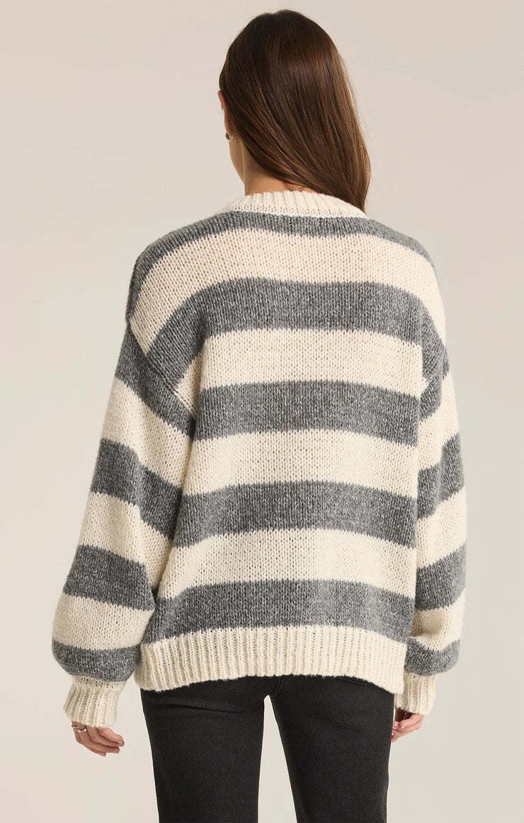 ANDERS STRIPE CREW NECK SWEATER IN CLASSIC HEATHER GREY