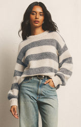 ANDERS STRIPE CREW NECK SWEATER IN CLASSIC HEATHER GREY