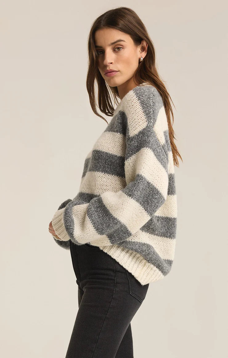 ANDERS STRIPE CREW NECK SWEATER IN CLASSIC HEATHER GREY