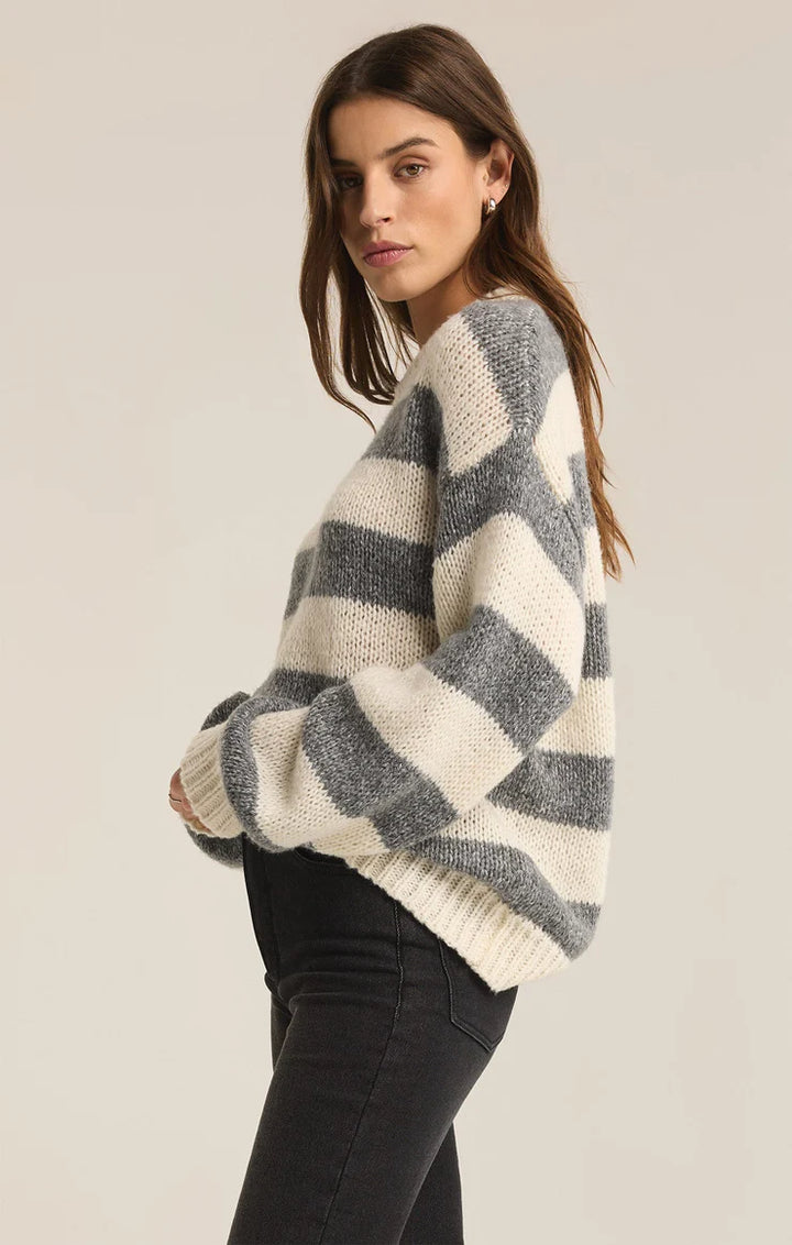 ANDERS STRIPE CREW NECK SWEATER IN CLASSIC HEATHER GREY
