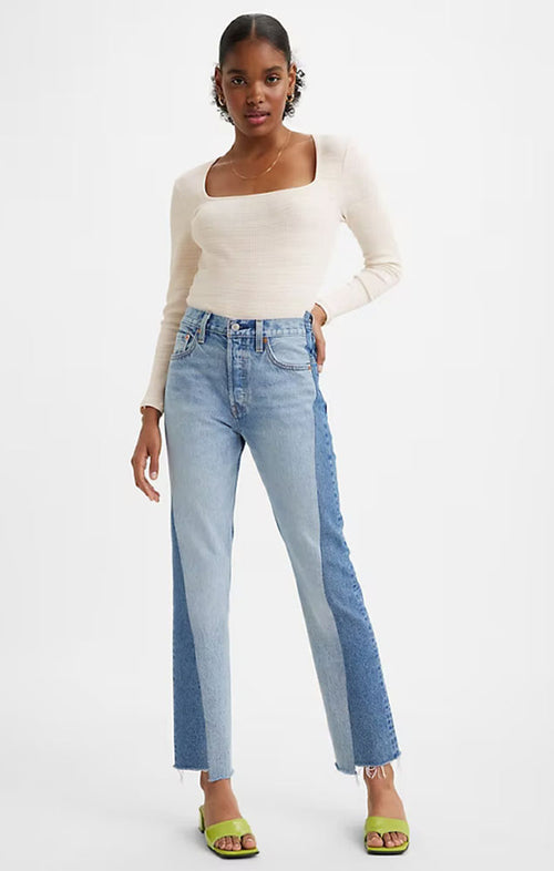 LEVI'S 501 SPLICED JEANS IN MEDIUM INDIGO DESTRUCTED